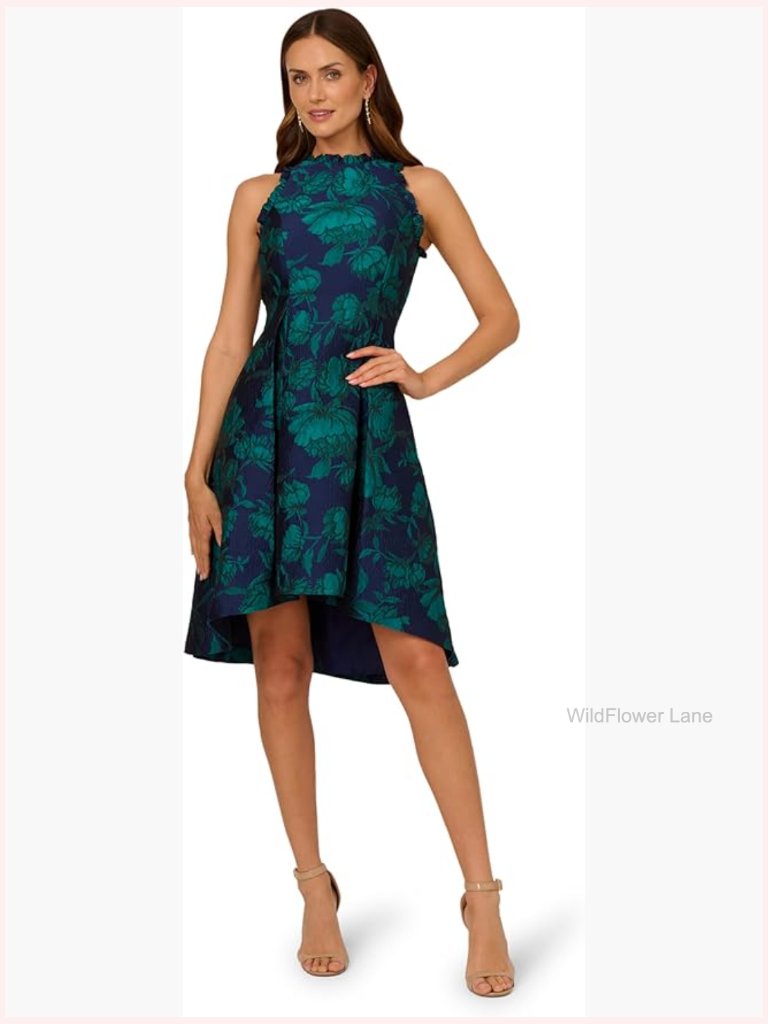 High Lo Jacquard Midi Dress Crew Neck Sleeveless Zipper Closure Floral Pattern